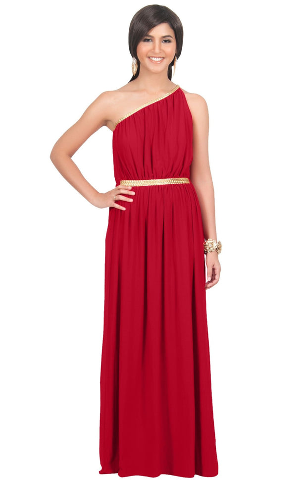 KYLIE - Cleopatra Maxi Dress Evening Bridesmaid for Summer Gown w/ Gold Braid - Red / 2X Large
