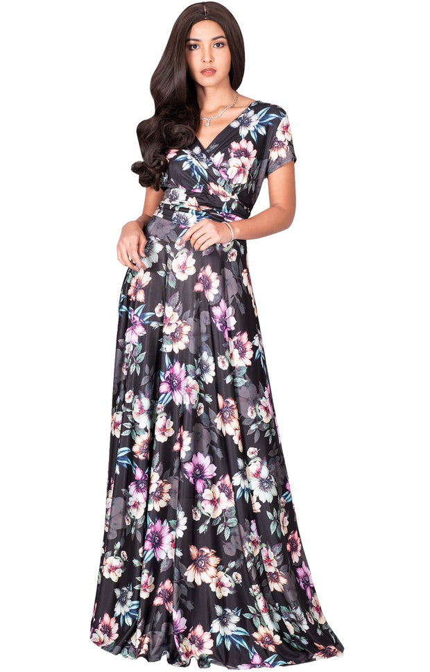 LACY - Long Flowy Short Cap Sleeve Summer Floral Print Maxi Dress Gown