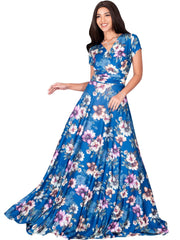 LACY - Long Flowy Short Cap Sleeve Summer Floral Print Maxi Dress Gown - Blue Teal & Pink / Extra Small