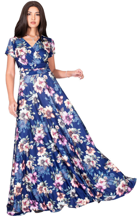 LACY - Long Flowy Short Cap Sleeve Summer Floral Print Maxi Dress Gown - Navy Blue & Pink / Extra Small