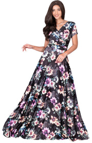 LACY - Long Flowy Short Cap Sleeve Summer Floral Print Maxi Dress Gown - Pink & Black / Extra Small
