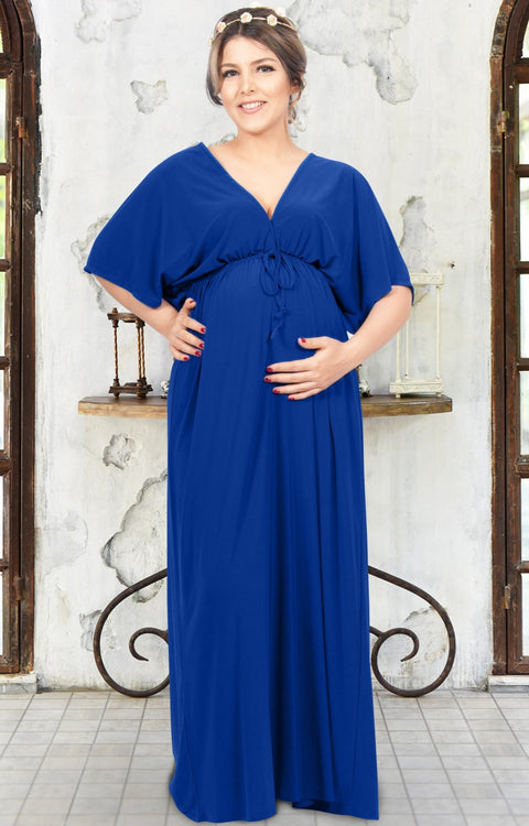 LANE - Kimono V-Neck Sleeve Elastic Sexy Maxi Dress - Cobalt Royal Blue / Small