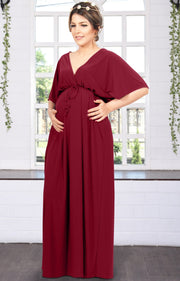 LANE - Kimono V-Neck Sleeve Elastic Sexy Maxi Dress - Crimson Dark Red / 2X Large