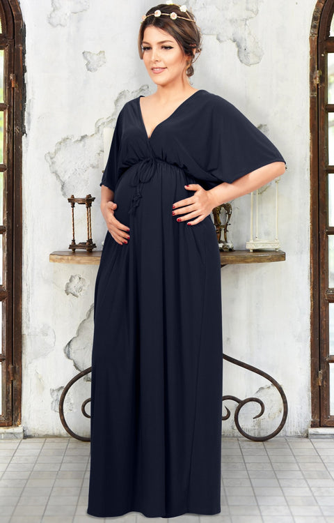 LANE - Kimono V-Neck Sleeve Elastic Sexy Maxi Dress - Dark Navy Blue / 2X Large