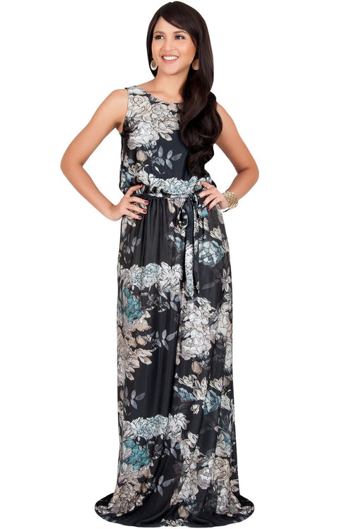 LAUREL - Sleeveless Floral Casual Summer Maxi Dress - Black / 2X Large