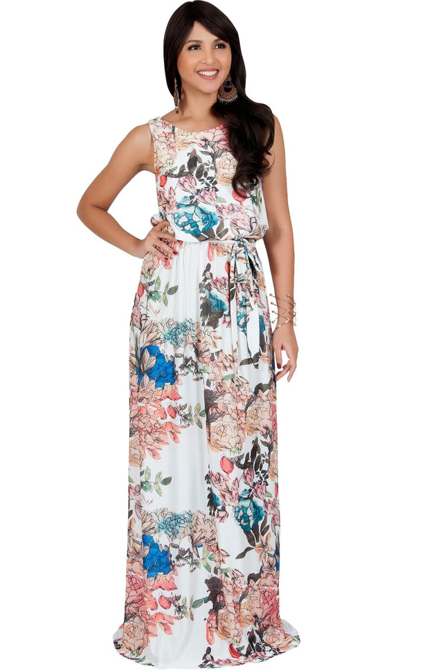 LAUREL - Sleeveless Floral Casual Summer Maxi Dress - Ivory White / 2X Large