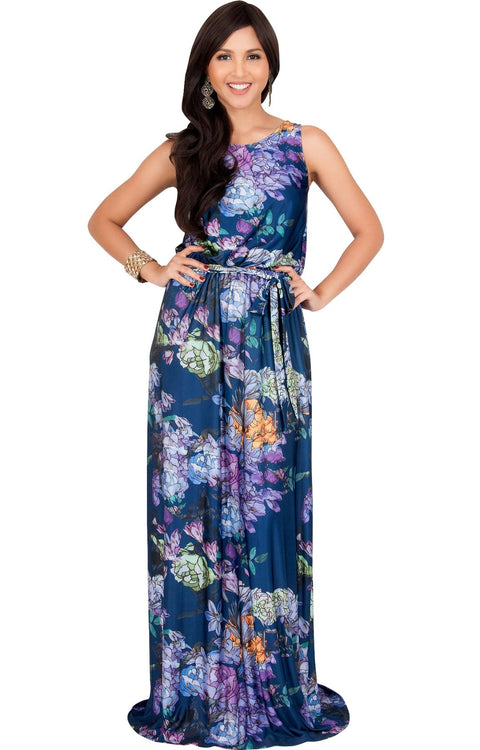 LAUREL - Sleeveless Floral Casual Summer Maxi Dress - Navy Blue & Purple / 2X Large