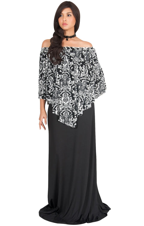 LEXY - Strapless Flowy Evening Damask Print Summer Maxi Dress - Black & White / Large
