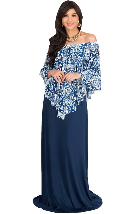 LEXY - Strapless Flowy Evening Damask Print Summer Maxi Dress - Navy Blue & White / Large