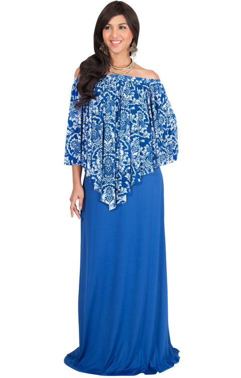 LEXY - Strapless Flowy Evening Damask Print Summer Maxi Dress - Royal Blue & White / Large