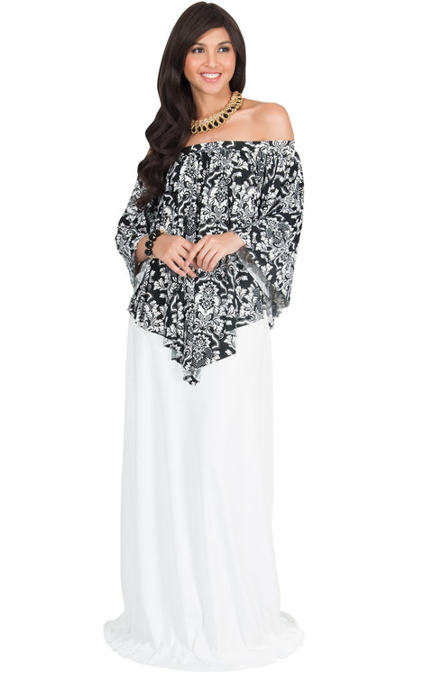 LEXY - Strapless Flowy Evening Damask Print Summer Maxi Dress - White & Black / Large