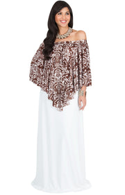 LEXY - Strapless Flowy Evening Damask Print Summer Maxi Dress - White & Brown / Large