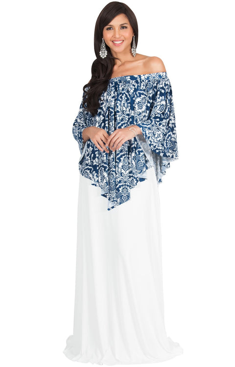 LEXY - Strapless Flowy Evening Damask Print Summer Maxi Dress - White & Navy Blue / Large