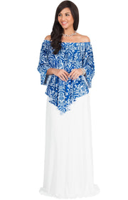 LEXY - Strapless Flowy Evening Damask Print Summer Maxi Dress - White & Royal Blue / Large