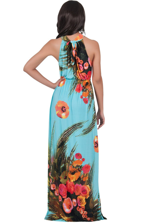 LILY - Garden Floral Hawaiian Print Halter Neck Maxi Dress