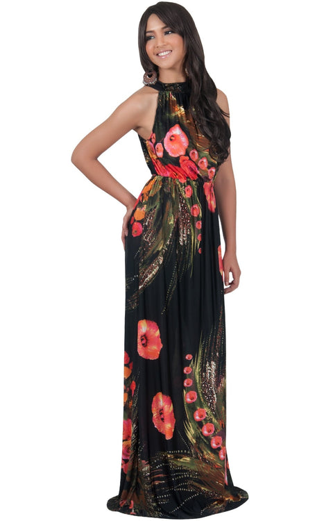 LILY - Garden Floral Hawaiian Print Halter Neck Maxi Dress