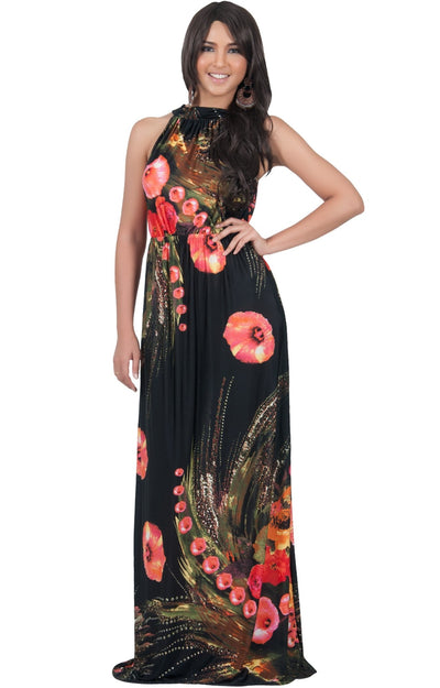 LILY - Garden Floral Hawaiian Print Halter Neck Maxi Dress - Pink & Black / Extra Large