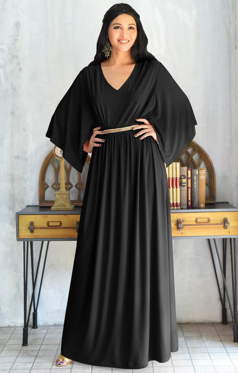 LINA - Flutter Sleeve V-neck Flowy Long Evening Kaftan Maxi Dress Gown - Black / 2X Large