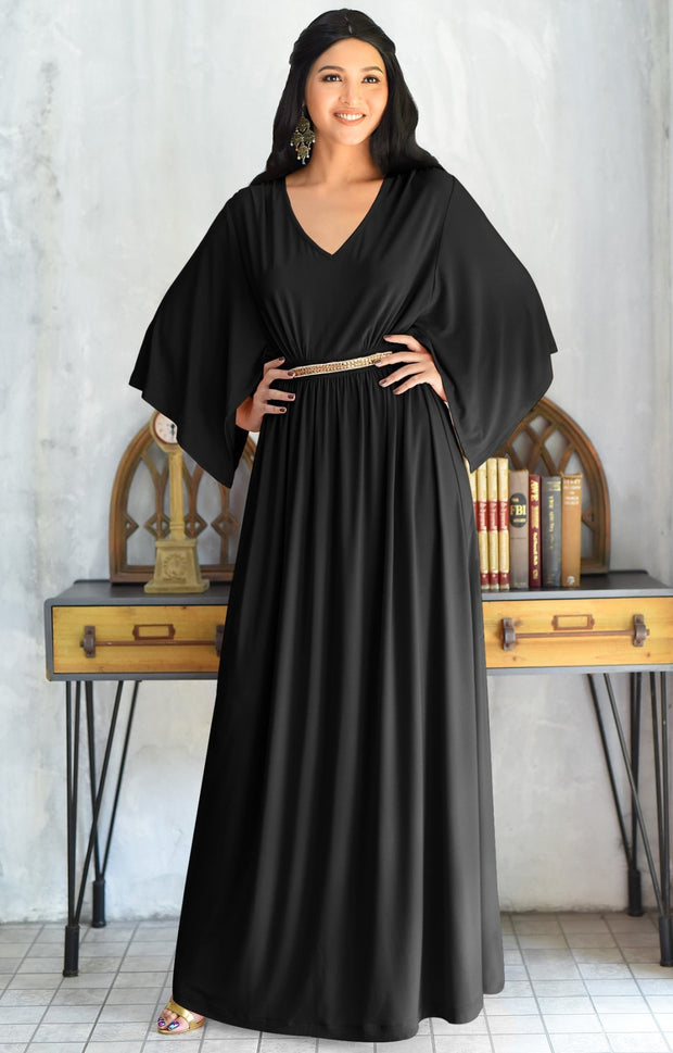 LINA - Flutter Sleeve V-neck Flowy Long Evening Kaftan Maxi Dress Gown - Black / 2X Large