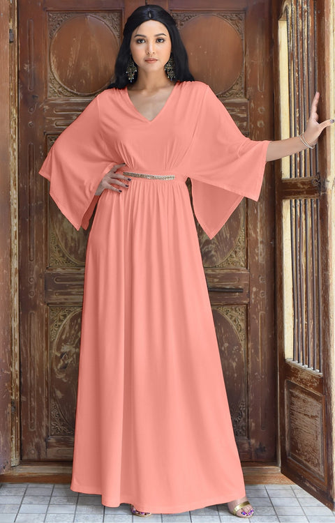 LINA - Flutter Sleeve V-neck Flowy Long Evening Kaftan Maxi Dress Gown - Light Pink Peach / 2X Large