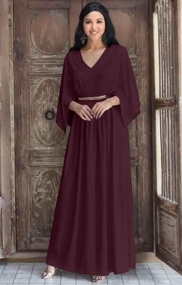 LINA - Flutter Sleeve V-neck Flowy Long Evening Kaftan Maxi Dress Gown - Maroon Wine Red / 2X Large