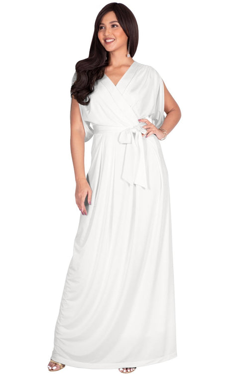LISA - Long Formal Short Sleeve Evening Bridesmaid Maxi Dress Gown - Ivory White / Extra Small