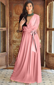 LISA - Long Formal Short Sleeve Evening Bridesmaid Maxi Dress Gown - Cinnamon Rose Pink / Extra Small