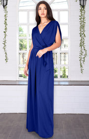 LISA - Long Formal Short Sleeve Evening Bridesmaid Maxi Dress Gown - Cobalt Royal Blue / Extra Small