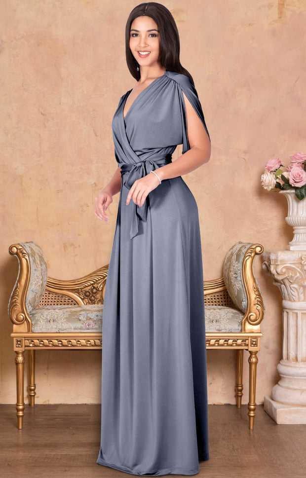 LISA - Long Formal Short Sleeve Evening Bridesmaid Maxi Dress Gown - Light Slate Gray / Extra Small