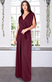 LISA - Long Formal Short Sleeve Evening Bridesmaid Maxi Dress Gown - Maroon Wine Red / Extra Small