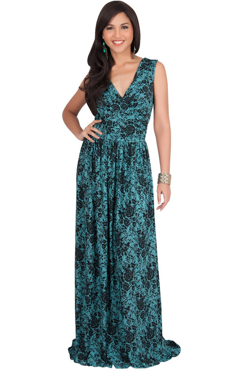 LUCIA - Sleeveless V-Neck Floral Print Summer Maxi Gown - Green & Black / Small