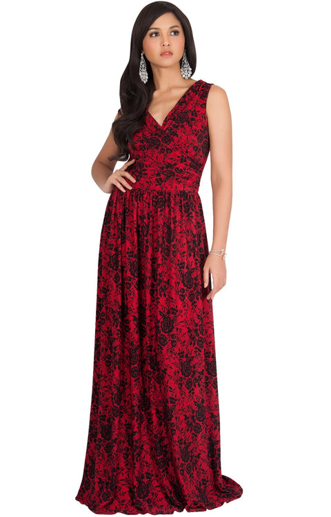 LUCIA - Sleeveless V-Neck Floral Print Summer Maxi Gown - Red & Black / Small