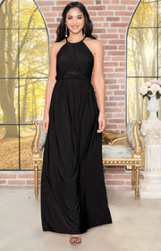 LYLAH - Bridesmaid Cocktail Long Sleeveless Halter Sun Maxi Dress Gown - Black / 2X Large