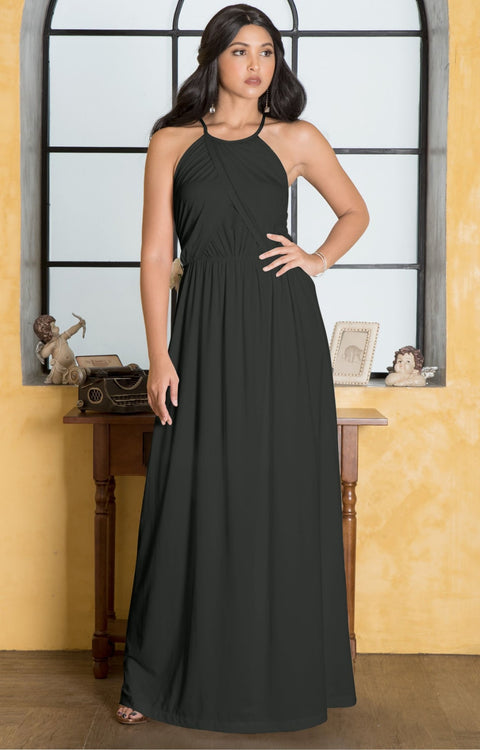LYLAH - Bridesmaid Cocktail Long Sleeveless Halter Sun Maxi Dress Gown - Dark Gray Grey / 2X Large