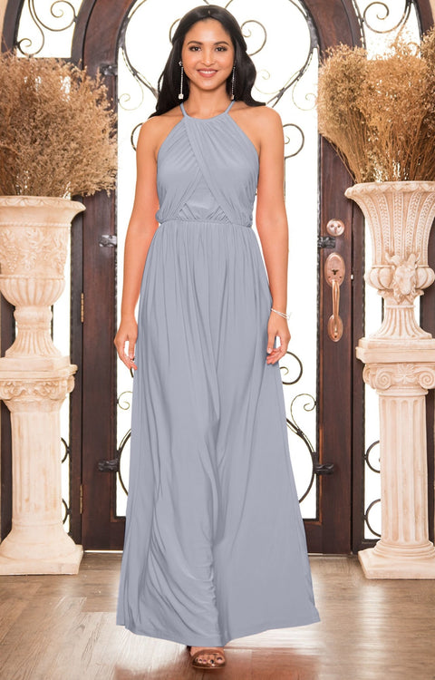 LYLAH - Bridesmaid Cocktail Long Sleeveless Halter Sun Maxi Dress Gown - Gray Grey / Small