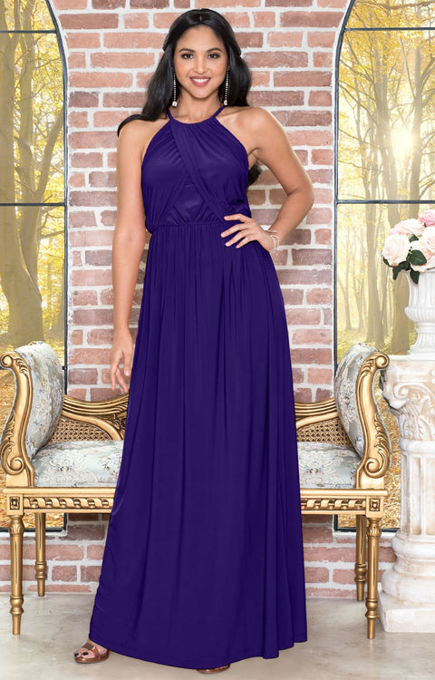 LYLAH - Bridesmaid Cocktail Long Sleeveless Halter Sun Maxi Dress Gown - Indigo Blue Purple / 2X Large