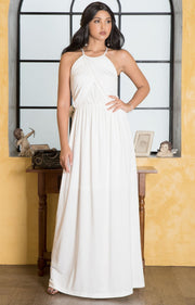 LYLAH - Bridesmaid Cocktail Long Sleeveless Halter Sun Maxi Dress Gown - Ivory White / 2X Large