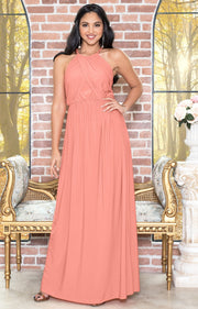 LYLAH - Bridesmaid Cocktail Long Sleeveless Halter Sun Maxi Dress Gown - Light Pink Peach / 2X Large