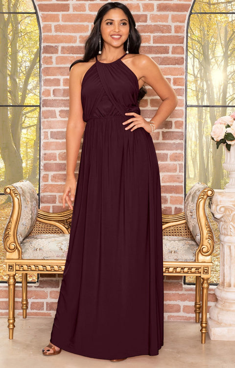 LYLAH - Bridesmaid Cocktail Long Sleeveless Halter Sun Maxi Dress Gown - Maroon Wine Red / 2X Large