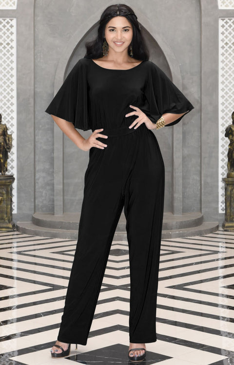 MARTHA - Stretchy Dressy Batwing Short Sleeve Jumpsuit Romper Pantsuit - Black / 2X Large
