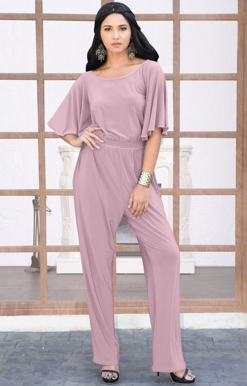 MARTHA - Stretchy Dressy Batwing Short Sleeve Jumpsuit Romper Pantsuit - Dusty Pink / 2X Large