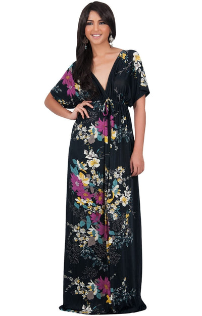 MARY - Flower Ladies Maxi Dress Gown Kaftan Sexy Sundress Caftan - Black / 2X Large