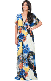 MIA - Hawaiian Luau Party Tropical Kimono Sleeve Maxi Dress - Blue Black & White / Large