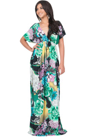 MIA - Hawaiian Luau Party Tropical Kimono Sleeve Maxi Dress - Green Black & White / Large