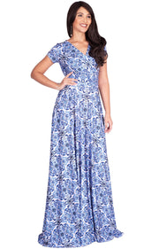 MILA - Long V-neck Damask Print Short Cap Sleeve Flowy Maxi Dress Gown
