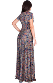 MILA - Long V-neck Damask Print Short Cap Sleeve Flowy Maxi Dress Gown