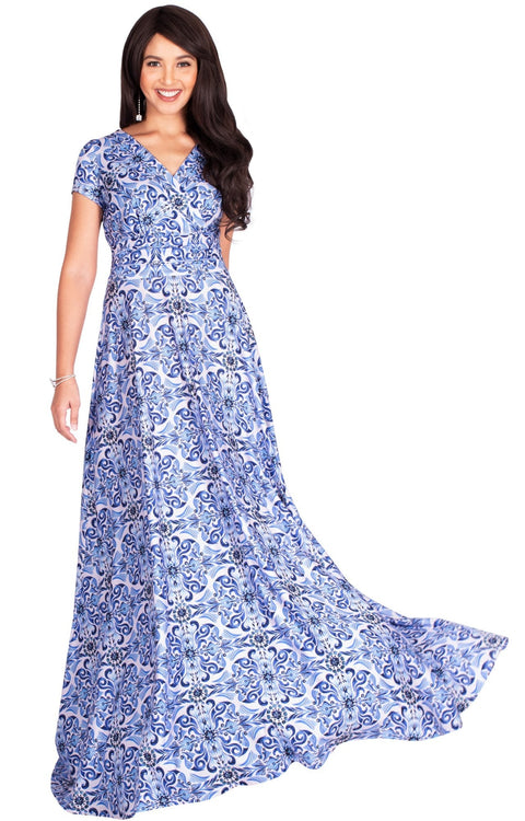 MILA - Long V-neck Damask Print Short Cap Sleeve Flowy Maxi Dress Gown - Blue Light Pink / Extra Small