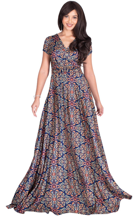 MILA - Long V-neck Damask Print Short Cap Sleeve Flowy Maxi Dress Gown - Blue & Orange / Extra Small