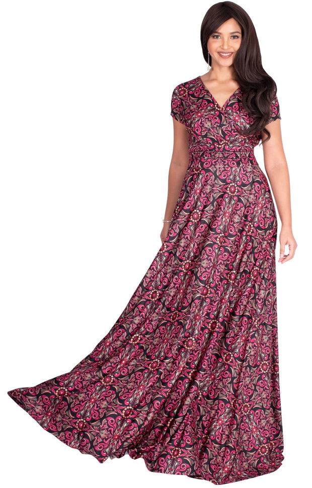 MILA - Long V-neck Damask Print Short Cap Sleeve Flowy Maxi Dress Gown - Pink & Black / Extra Small