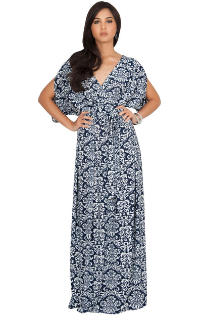 MIRA - Short Batwing Split Sleeve Maxi Dress Print Boho - Navy Blue & White / 2X Large